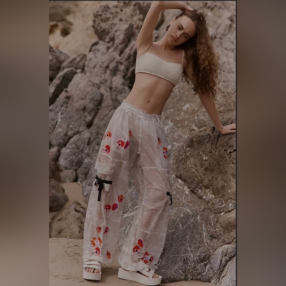 Floral Embroidered Wide Leg Pants  With White Ties On The Leg Pockets. Not Black